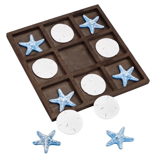 FINGERINSPIRE Starfish Tic Tac Toe Game Set - 6 Pcs White Resin Sea Money & 6 Pcs Blue Starfish with 1 Pc 10x10inch Square Wooden Table Tic-Tac-Toe Board - Beach House Coffee Table Decoration