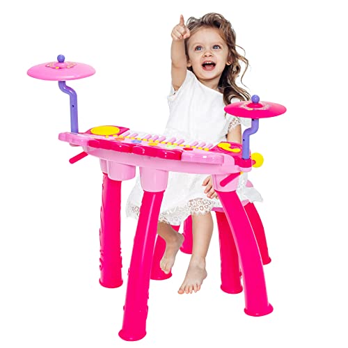 COSTWAY Kinder-Keyboard mit 24 Tasten & Trommel, elektrisches Keyboard-Set mit Hocker, Mikrofon, MP3, LED-Leuchten, Aufnahme/Wiedergabe, pädagogisches Musikinstrument für Kinder (Rosa)