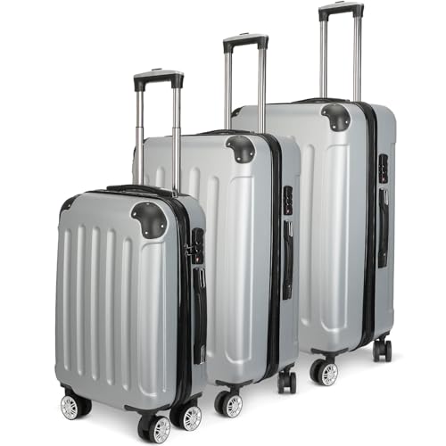Generisch Juego de 3 maletas rígidas con asa telescópica, juego de maletas de viaje con 4 ruedas, maletín de negocios con cerradura, carcasa rígida de plástico ABS, juego M-L-XL, color negro, gris,