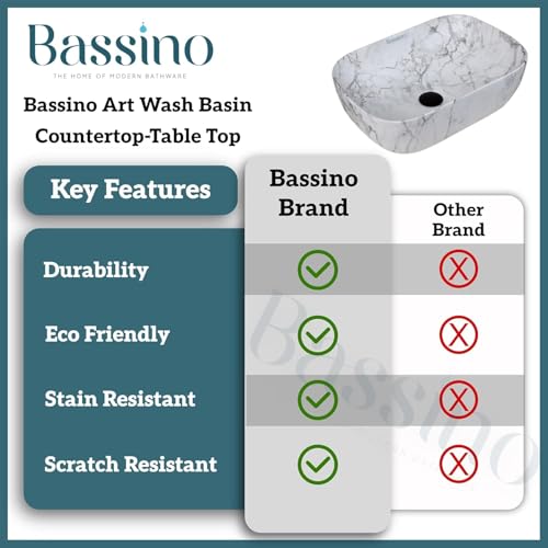 Image of BASSINO 18x13x5.5 Inches Ceramic Wash Basin /1 Year Warranty /Table Top Washbasin /Wash Basin Counter Top /Ceramic Sink Wash Basin /Ceramic Basin For Bathroom /Dining Hall /Living Room(Glossy Finish)