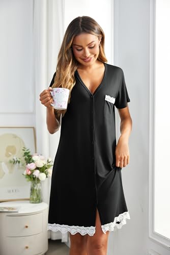 Image of Ekouaer Women Striped Nightgowns Button Down Sleepshirts Short Sleeves Nightshirts