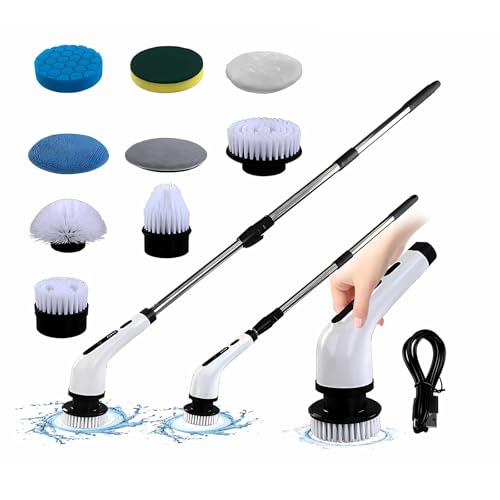 SH-RuiDu Limpiador giratorio eléctrico inalámbrico, potente cepillo de limpieza eléctrico 9 en 1 con 9 cabezales de cepillo reemplazables y mango largo extensible de 95-120 cm para baño, cocina
