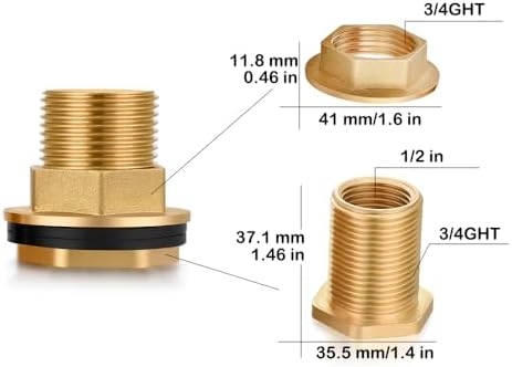 YELUN Brass Water Tank Connector Bulkhead Tank Fitting 1/2" Female 3/4" GHT Male Water Tank Connector with End Caps (2 Pack)