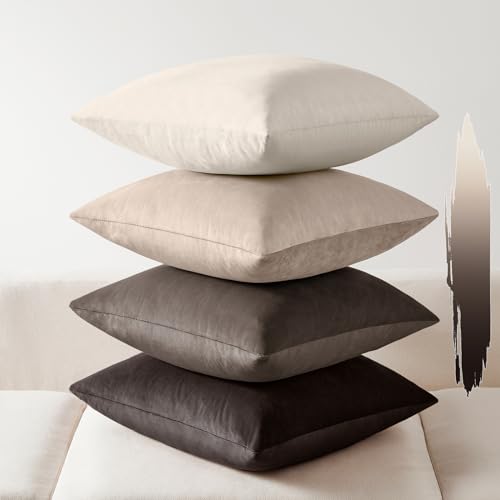 Softalker Throw Pillow Covers Set of 4, Velvet Soft Solid Colors Pillow Covers 18x18 Inch, Decorative Cushion Pillow Case for Couch Sofa Bedroom Living Room(Brown/Grey)