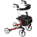 HOMCOM Rollator Walker for Tall, Senior, Adult with 9" Wheels, Seat, Back, Aluminum Lightweight Folding Rolling Walker with Adjustable Handle, Bag, Dual Brake, Cane Holder, Red