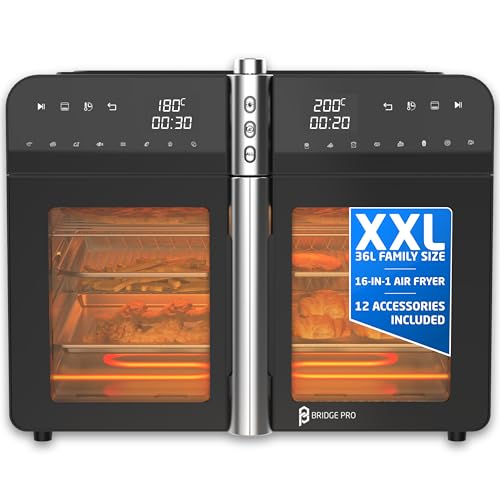 Bridge Pro 36 Litre Air Fryer Oven with French Doors and Accessories - XXL Air Fryer Dual Zone, Family Sized, Double Door, 16 in 1 Table Top Oven, Extra Large for Family, Fast and Healthy Cooking