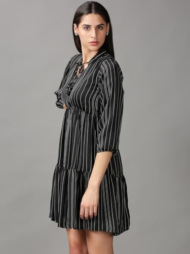 Image of SHOWOFFFF Women Stripe Print Fit and Flare Casual Dress | Round Neck 3 /4th Sleeves Satin Dress for Womens | Above Knee Dress for Women's