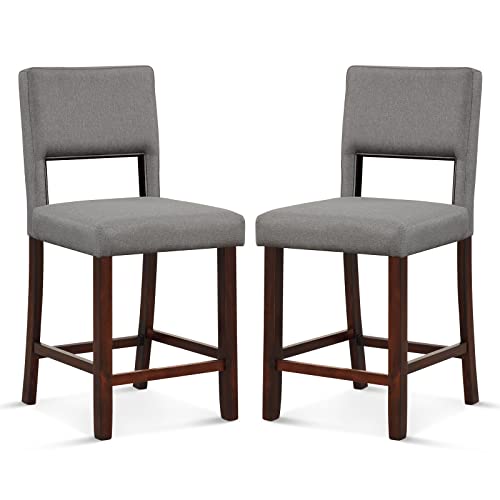 Image of COSTWAY 24.5'' Counter Height Barstools Set of 2 w /Rubber Wood Legs, Grey | Linen Upholstered Bar Stools w / Hollowed Back & Footrest, Mid-century Modern Tall Chair for Kitchen Island Home Bar Pub