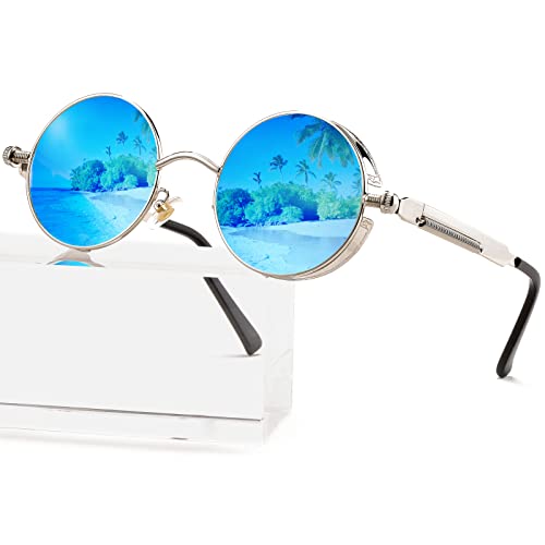 AIEYEZO Round Steampunk Sunglasses for Men Women Retro Gothic Sun Glasses Round Metal Frame Ladies Shades