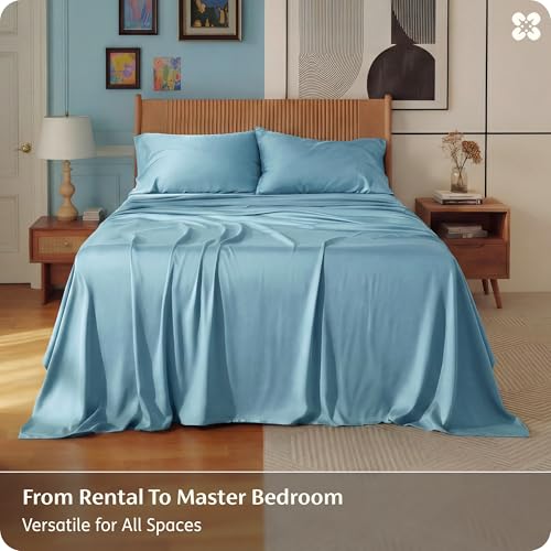 Image of Bedsure Queen Sheet Set, Rayon Derived from Bamboo, Cooling Sheets, PureWoven, Breathable & Soft, Deep Pocket Up to 16 Inches, Hotel Luxury Silky Bedding for Hot Sleepers, Aqua