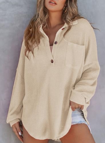 Astylish Women Waffle Knit Tops Henley Shirts Long Sleeve V Neck Solid Color Casual Tunic2