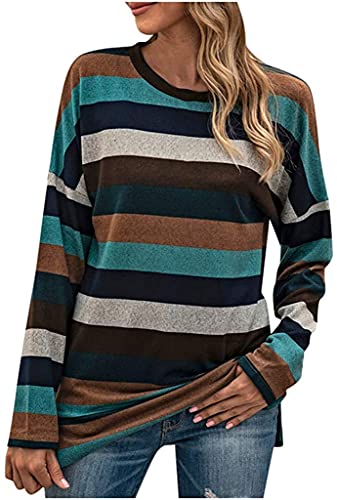 Nekosi Damen Langarmshirt in Colorblock Rundhals Tunika Mehrfarbig Tops mit Seitenschlitz, Grün,P2, XL Cover
