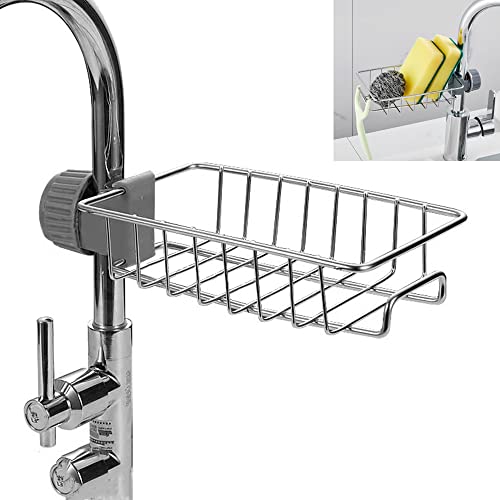 Stainless Steel Sponge Drain Rack - Faucet Hanging Storage for Kitchen & Bathroom Sink - Soap Dish Brush Dishcloth Drainer