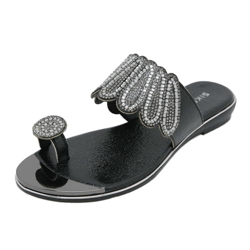 Helenbra Women's Rhinestones Toe Ring Flat Slide Sandals,Summer Fashion Sparkly Crystal Studded Open Toe Flip Flops Comfortable Slip-on Bohemian Outdoor Vacation Beach Slippers