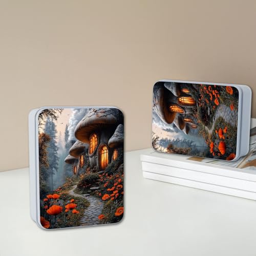 Image of Metal Tin Box with Lid,Multi-functional Storage Large Box Can Store Tea Biscuits Game Cards, Playing & Tarot Cards-Comes with 4 Magnetic Cord Clips,Mushroom Houses in Forest