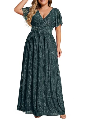 Image of Ever-Pretty Women's Plus Size Glitter Formal Dresses for Curvy Women A Line V Neck Gala Mother of Bride Dress Evening Gown