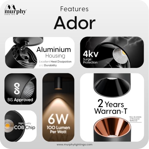 Image of Murphy Ador 6W LED Surface COB Spot Light | Warm White 3000K | 360 Rotatable & 90 Adjustable | Aluminium Body | Black Reflector | BIS Approved | 100 lm /W | 2 Year Warranty | Pack of 10