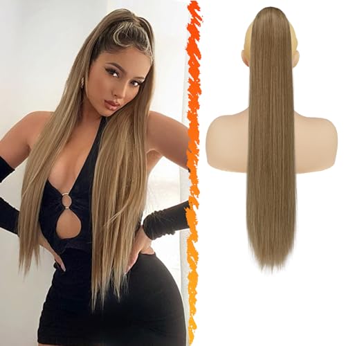 BARSDAR Long Straight Ponytail Extension - 26 Inch Drawstring Brown Ponytail Hair Extensions Synthetic Clip in Pony Tails Hairpieces Fake Straight Ponytail for Women Girls Daily- Light Brown Mixed