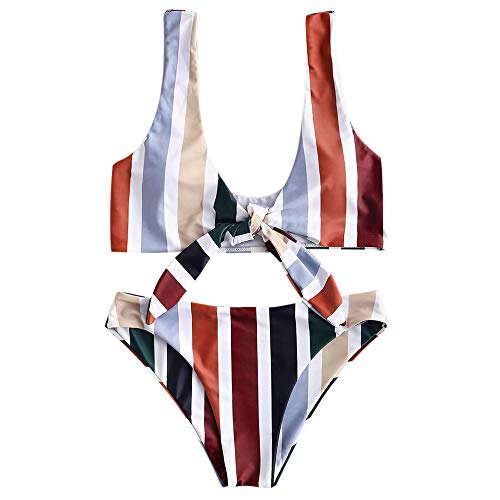 ZAFUL Swimwear Wide Straps Tie Knot Front Colorful Striped Bikini Set Detachable Padded Two Piece Bathing Suits Multi-A L
