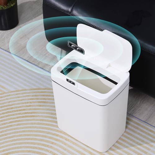 Image of Yuright Automatic Touchless Motion Sensor Kitchen Trash Can, 15 L Plastic Garbage Can with Lid, White