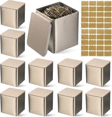 HUASD 8 cajas de té clásicas, rectangulares, de metal, pequeñas, rectangulares, para té, café, especias, 50 g, herméticos, con tapa y 40 adhesivos, apilables, 8,5 x 8,5 cm