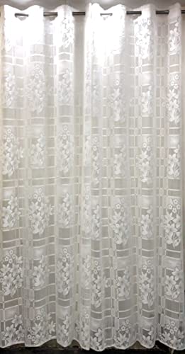 Image of Fabrilia Heavy Polyester Net Semi Transparent Fancy Eyelet Curtain, Floral Design, White, Long Door 4 Feet x 9 Feet, Pack of 2 Pcs,Grommet Curtains