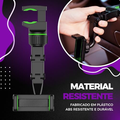 Suporte Para Celular Veicular Multifuncional Retrovisor Universal - Ajustável, Rotação 360 Graus, Co