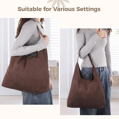 Image of Suede Tote Bag for Women, Velvet Hobo Bag, Large Capacity Shoulder Bag with Inner Zipper Pouch, Brown Commuter Bag for Work and Casual Outings