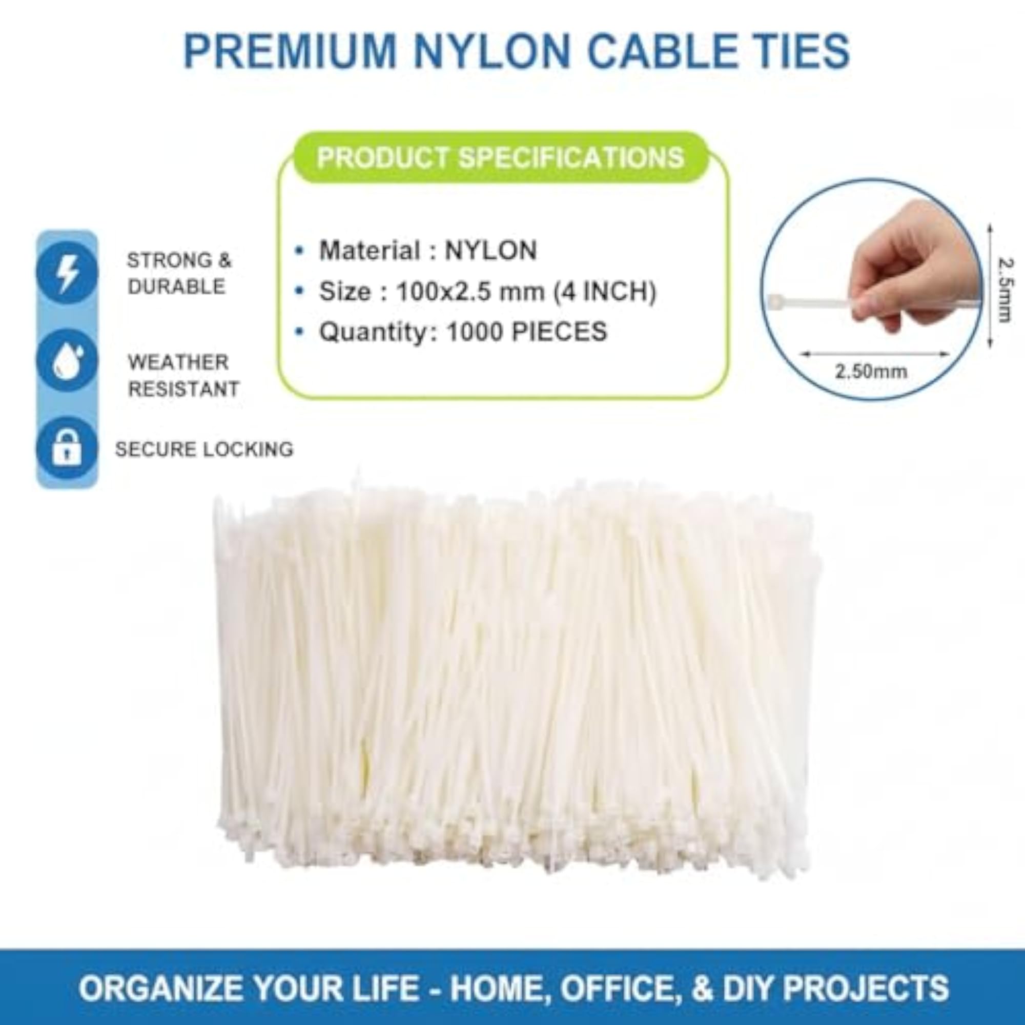 Nylon Cable Ties, Self Locking, Pack of 1000