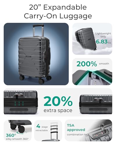 Image of BAGSMART Carry On Luggage 22x14x9 Airline Approved with Spinner Wheels,Lightweight 20 Inch Luggage with TSA Lock,Expandable Hard Shell Carry On Suitcases for Men Women,Gray