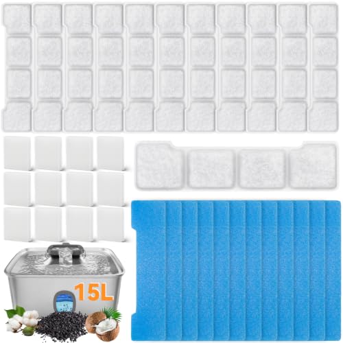 12+12+12 Pack Dog Water Filters for SIBAYS/Kastty 4Gal/15L Large Dog Water Fountain L05 Natural Coconut Shell Activated Carbon Replacement Filters 12 Filter &12 Pre-Sponges &12 Pump Sponges
