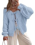 PRETTYGARDEN Women's Tie Front Bow Cardigan Sweaters Chunky Knit Long Puff Sleeve Trendy Fall Winter Jacket Coats (Sky Blue,Small)