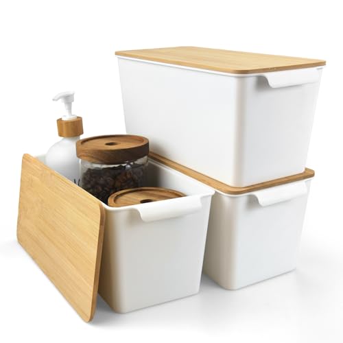 Storage Bins with Bamboo Lids 3 Pack Stackable Lidded Pantry Basket (White)