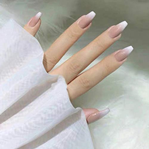 Gemily Coffin Glossy Press on Nails Pink French Fake Nails Ballerina Ombre False Nail Full Cover Acrylic Nails for Women and Girls (Pack of 24)