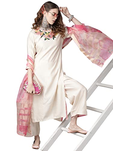 Image of INDO ERA Viscose Women's Liva Embroidered Straight A-Line Flared Kurta Palazzo With Dupatta Set(21Aaaaaaa1831)