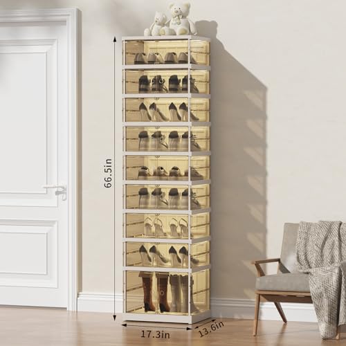 SYNCVIBE Foldable Shoe Rack with Doors 9Tier 18Pairs Shoe Organizers for Closet, Transparent Entryway Shoe Storage Box, Large Sneaker Shelf with Magnetic Door, Tall Plastic Folding Shoe Cabinet
