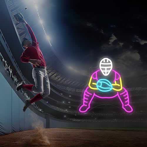 Image of CoolGift Mart Baseball Neon Sign, Catcher Dimmable LED Wall Decor Light USB Powered, Bedroom Gaming Room Man Cave Home Club Shop Decoration, Gift for Players Fans