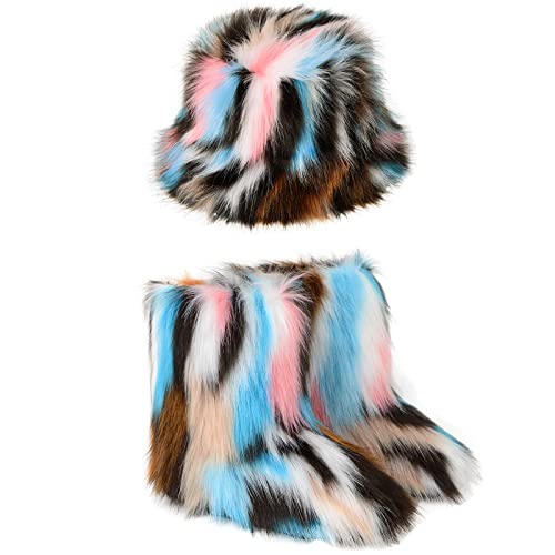 YESBOR Women's Winter Faux Fur Snow Boots Warm Fuzzy Fluffy Bucket Hat Rainbow Fisherman Cap