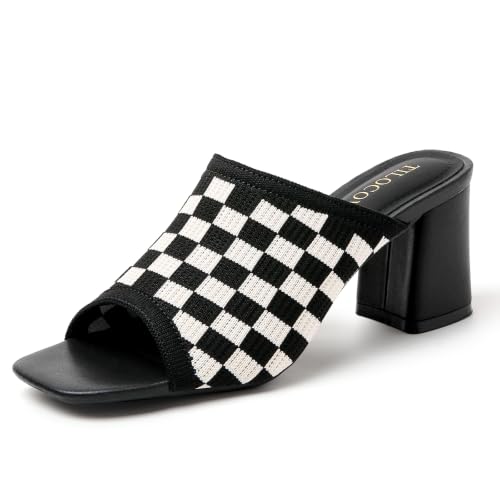 Image of Tilocow Knit Heeled Sandals for Women Square Open Toe Heeled Mules Chunky Block Low Heel Slip On Slides