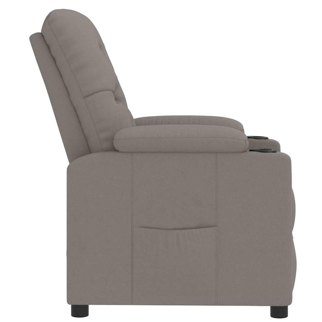 Fotel relaksacyjny w kolorze szarobrązowym (taupe), z regulowanym oparciem i podnóżkiem, ergonomiczny fotel wypoczynkowy do salonu, biura i kącika do czytania, stabilna metalowa i drewniana