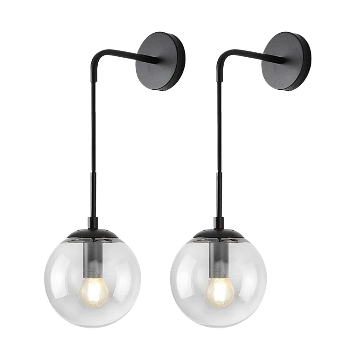 HXYSXHJUO Black Globe Glass Wall Sconce Modern Industrial Lamp with Clear Lampshade 2 Light Retro Mount for Hallway Dining Room Bedroom