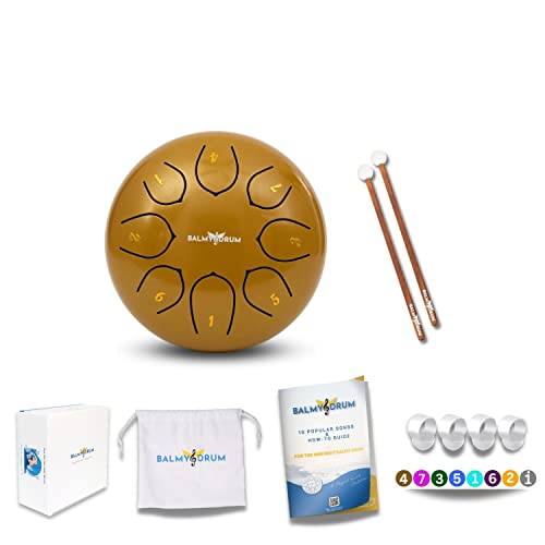 The Balmy Drum - 8 Note 6 Inch Steel Tongue Drum, Steel Drum Instrument, Drums For Children and Adults, Balmy Drum Set for Kids with Music Book, Handpan, Mallet and Carry Bag (Gold)