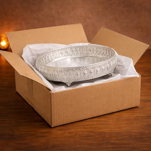 Image of German Silver Decorative Tray with Legs Stand | Round 8 inch Serving & Pooja Thali | Premium Embossed Design | Home Decor & Festive Gift Tray