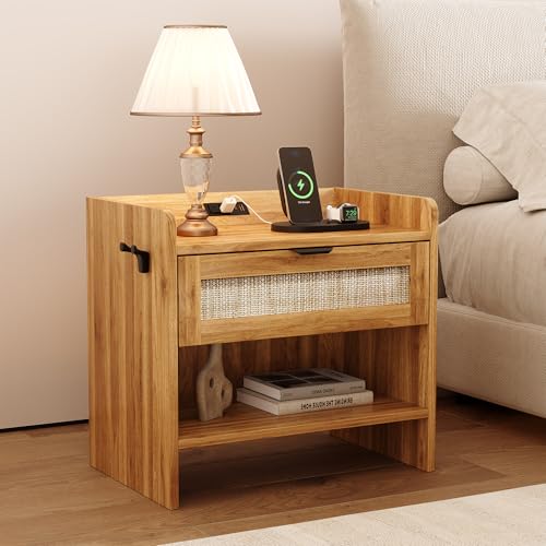 Rattan Nightstand, Bedside Table, Night Stand with Type-C Charging Station,