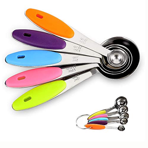 NIAGUOJI - Juego de 5 cucharas medidoras de acero inoxidable con mango de silicona para medir ingredientes líquidos y secos
