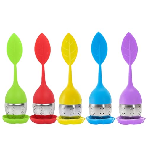KEQAR 5 pezzi Infusore per tè in acciaio inox e silicone - Filtro tè con coperchio e sottobicchiere - Infusore per tisane e tè sfuso - Lavabile in lavastoviglie (Motivo foglia)