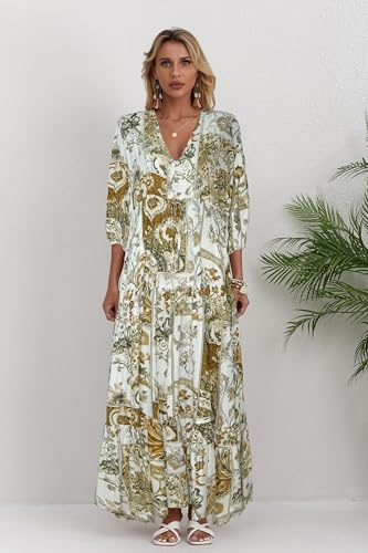 Image of Women Short Sleeve V Neck Floral Print Casual Bohemian Maxi Dresses