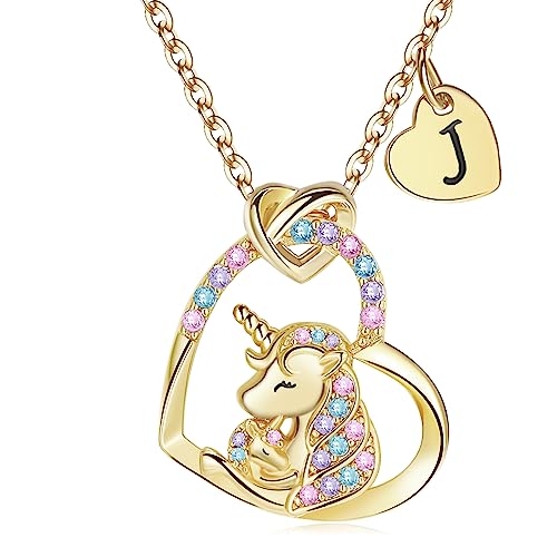 Unicorns Gifts for Girls, 14K Gold/White Gold/Rose Hug Unicorn Necklace for Girls Initial Unicorn Jewelry for Kids Birthday Gifts for Girls Colorful CZ Jewelry Christmas Unicorn Gifts for Girls Age