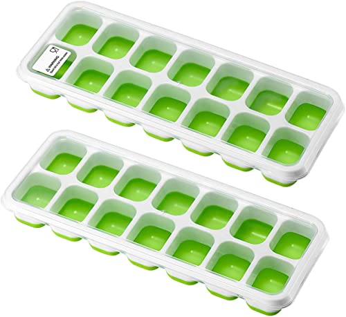 LoBalay Silikon-Eiswürfelformen, 2er Pack&14-Fach Eiswürfelform mit Deckel, BPA-frei Ice Cube Tray, Spülmaschinenfest, Leicht zu Lösen, Stapelbar, Langlebig für Kaffee, Babynahrung(Unversiegelt-Grün) Cover