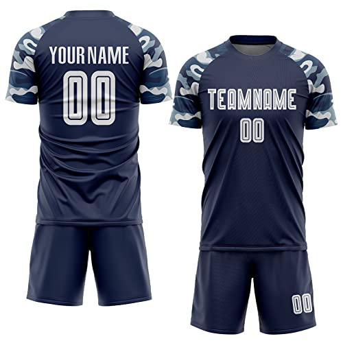Custom Navy Blue Soccer Jerseys Printed White Name Number Text Personalized T-Shirts Shorts Create Football Team Uniform Camo Short Sleeve for Men Women Kids Boys Novelty Sports Fan Athletic Apparel